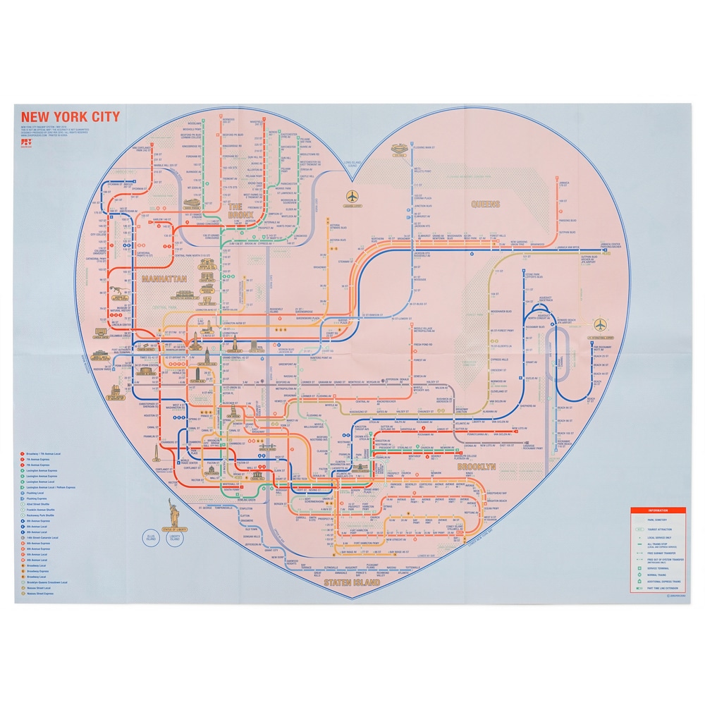 Railway System City Map New York Pink mit detailliertem U-Bahnplan und markierten Sehenswuerdigkeiten.